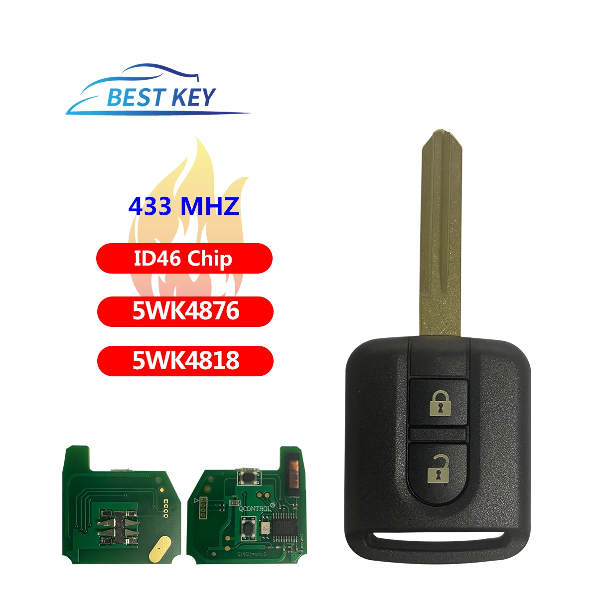 BEST KEY  Key Fob For Nissan Navara Elgrand X-TRAIL Qashqai Micra Note NV200 5WK4876 5WK4818 433Mhz ID46 PCF7946