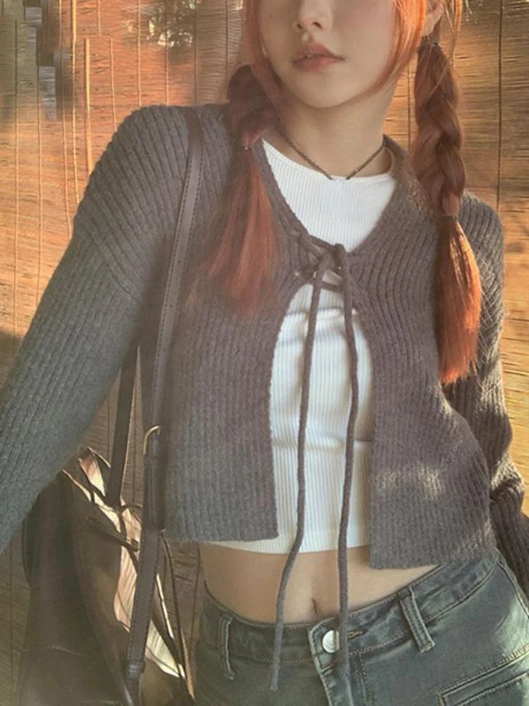 

Spring V Neck Zipper Streetwear Cropped Cardigan Y2k Aesthetic Sexy Long Sleeve All Match Knitted Cardigan Fashion Women Jumpers