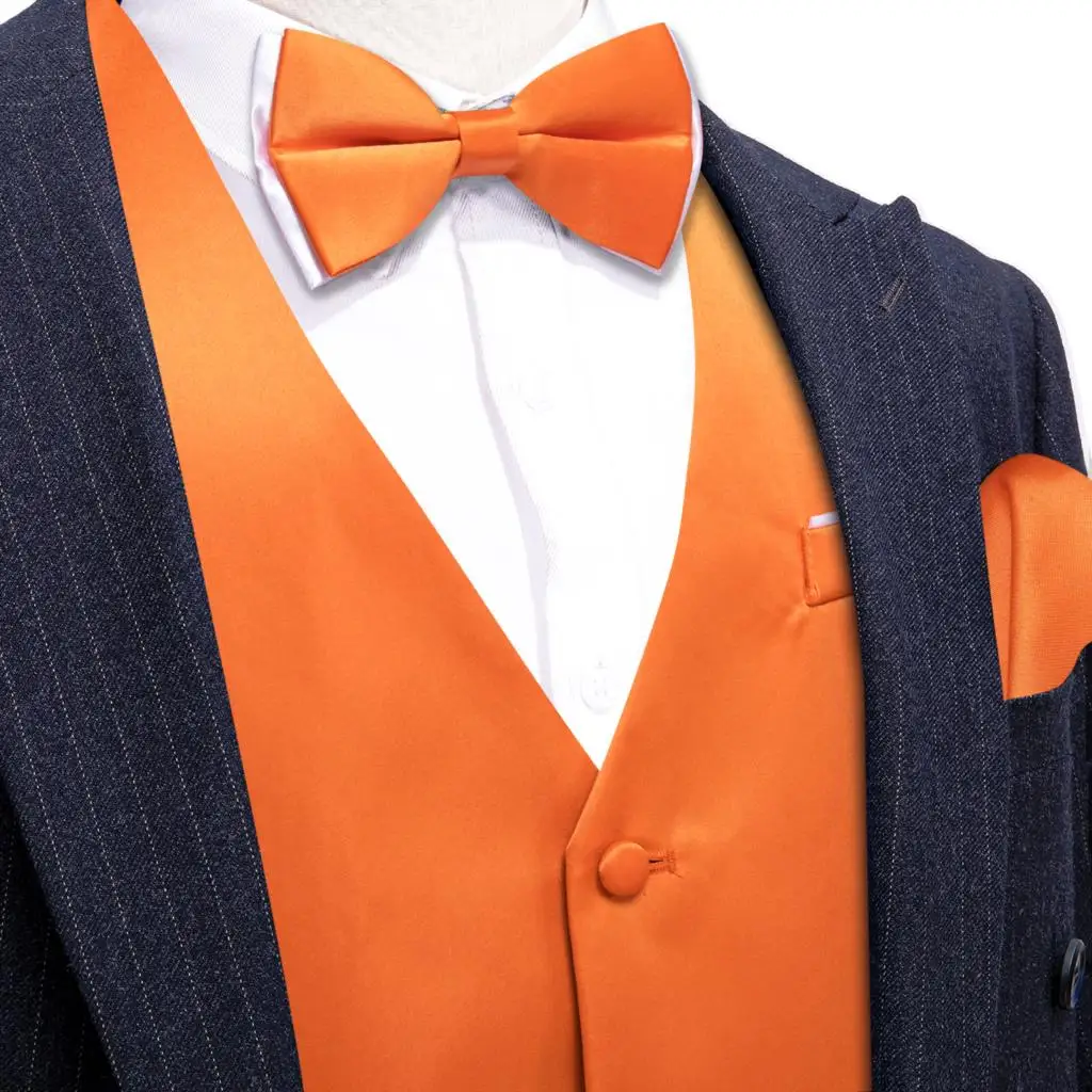 Wedding Mens Vest Bowtie Set Silk Solid Plain Orange Waistcoat V Neck Male Sleeveless Jacket Formal Business Barry Wang