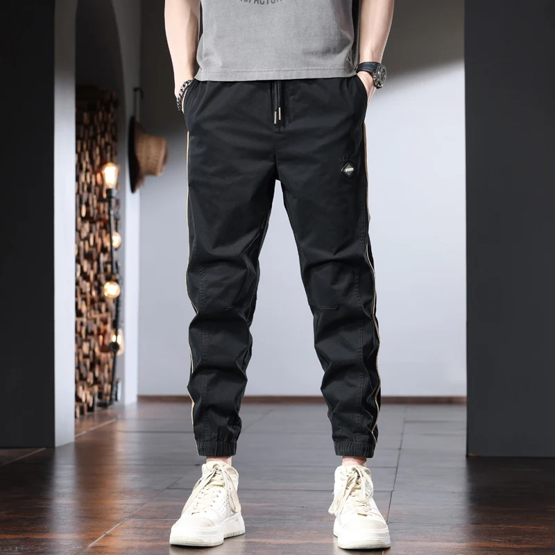 Fashion Side Stripe Casual Pants Men Summer Black Cotton Elastic Waist Drawstring Joggers Trousers