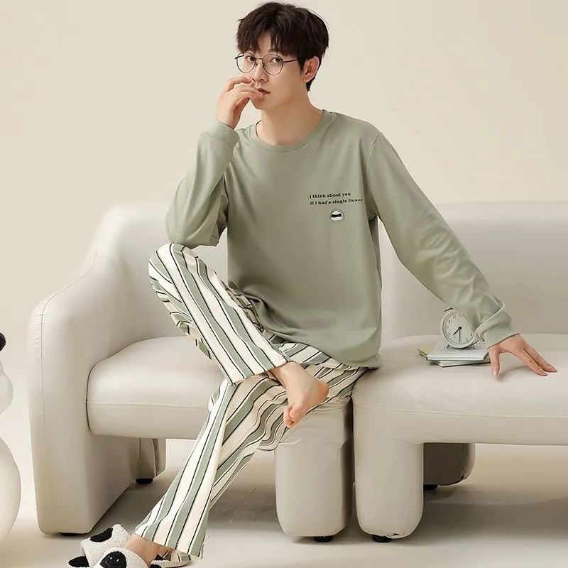 Sleepwear Men Spring Autumn Cotton Long-Sleeved Trousers Round Neck Pajamas Set Cartoon Youth Large Size Fashion Homewear Suit