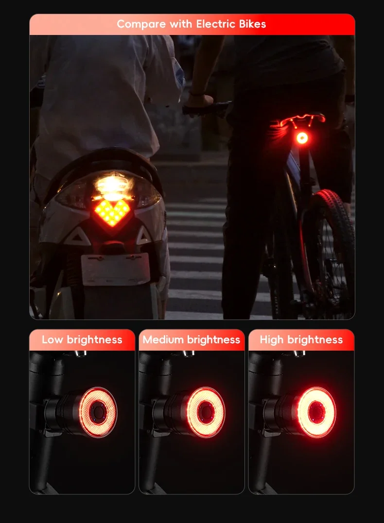 ROCKBROS Bicycle Rear Light Bike Smart Brake Sensing Taillight Type-C Charging Day/Night Sensing MTB Road Bike Accessories
