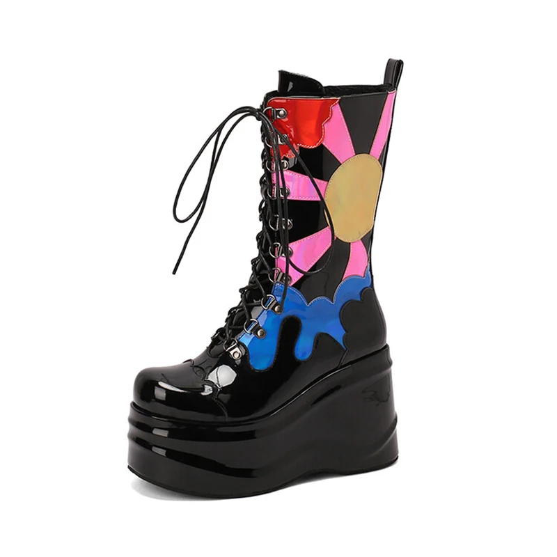 Thick Heel Modern Boots Round Toe Patent Mixed Color Print Calf Boots Short Lace up 6 cm Platform Women Shoes Knee High Booty