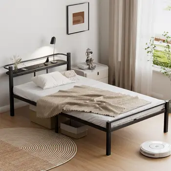 Bed frame, small double bed, palace-style bed, 2-port socket, USB & Type-C, 300kg load capacity, tube bed, sturdy, quiet, durabl