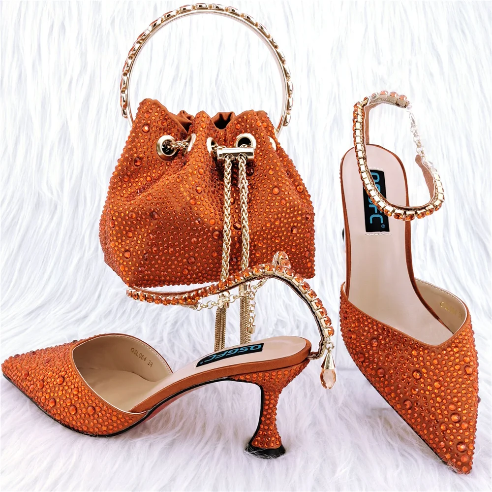 

Stiletto Shoes Pointed Toe Shoes And Soft Small Bag African Women's Party Shoes and Bag In Orange Color