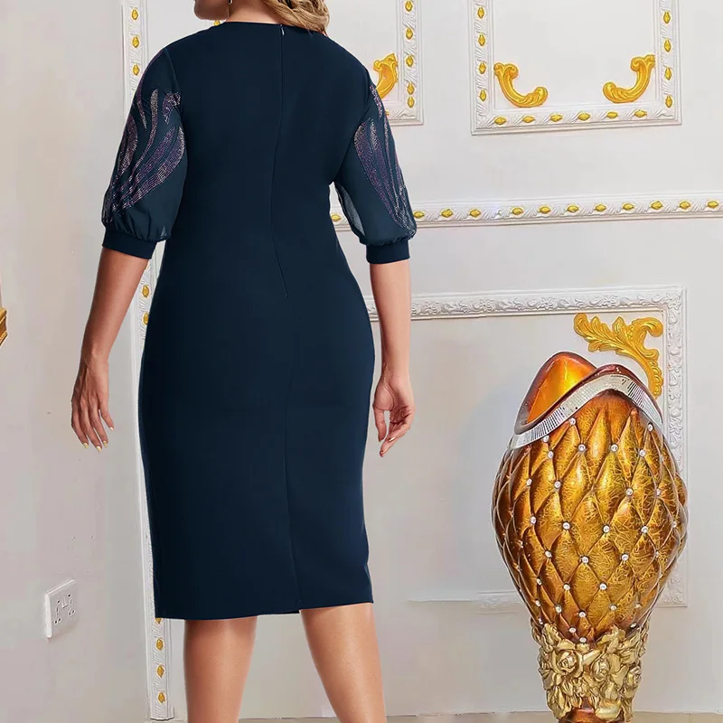 Spring Summer Sweet Round Neck Hot Stamping Offset Printing Pencil Skirt Elegant Plus Size Zipper Half Sleeve Women's Midi Dress