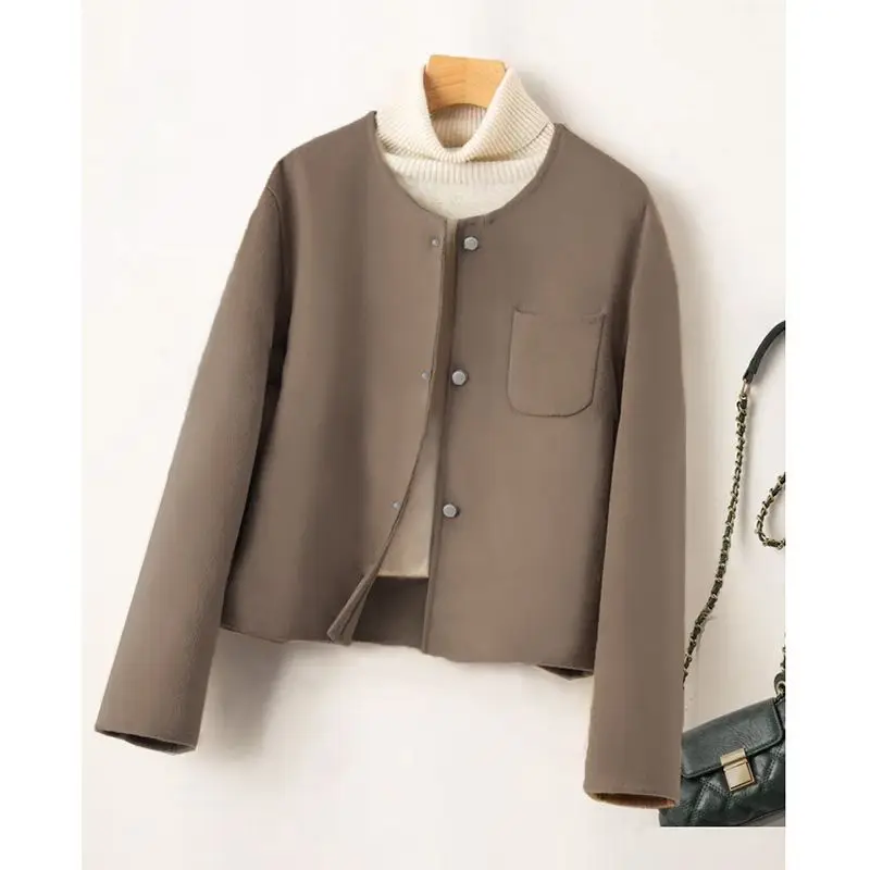 Women's Spring and Autumn New Fashion Solid Color Round Neck Pockets Long Sleeve Patchwork Wool Short Cardigan Button Coat Tops