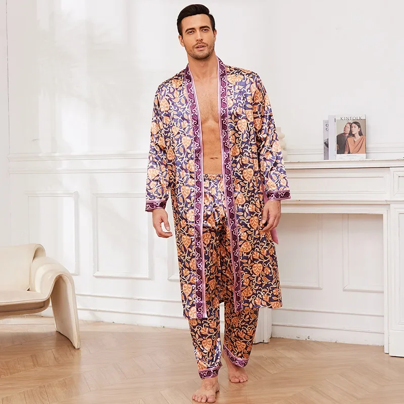 Long Sleeve Men's 2PCS Pajamas Set for Spring Autumn Print Kimono Bathrobe Gown Trouser Suits Casual Satin Homewear Loungewear man pajamas set
