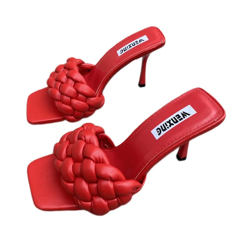 

Red Leather Sexy High Heels Women's Slippers Female Summer Sandals Flip Flops Luxury Slides 2022 Elegant Ladies Mules Shoes