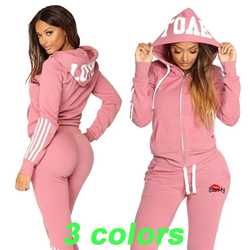 Popular women's fashion sportswear set with striped zippered hoodies