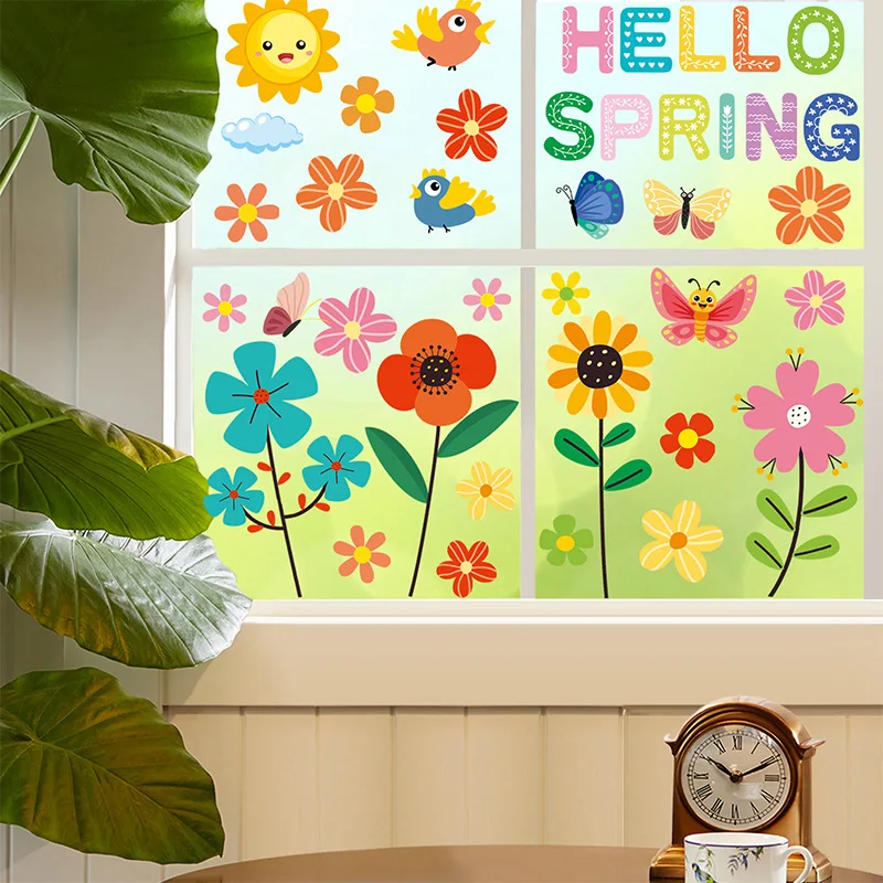 Spring Window Clings Tulip Flower Butterfly Hummingbird Double-Sided Removable Static Spring Window Stickers Decals 9 Sheets