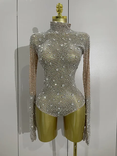 Sparkle Rhinestones Long Sleeve Gloves Stretch Bodysuits 2025 Women Evening Luxury Birthday Party Sexy Nightclub Stage Costumes