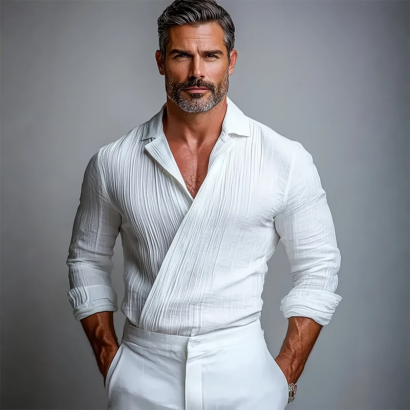 LVLAEA Pleated Textured Shirt Men Autumn Solid Color Long Sleeve Lapel Old Money Style Criss-cross Design Breathable Tated Shirt