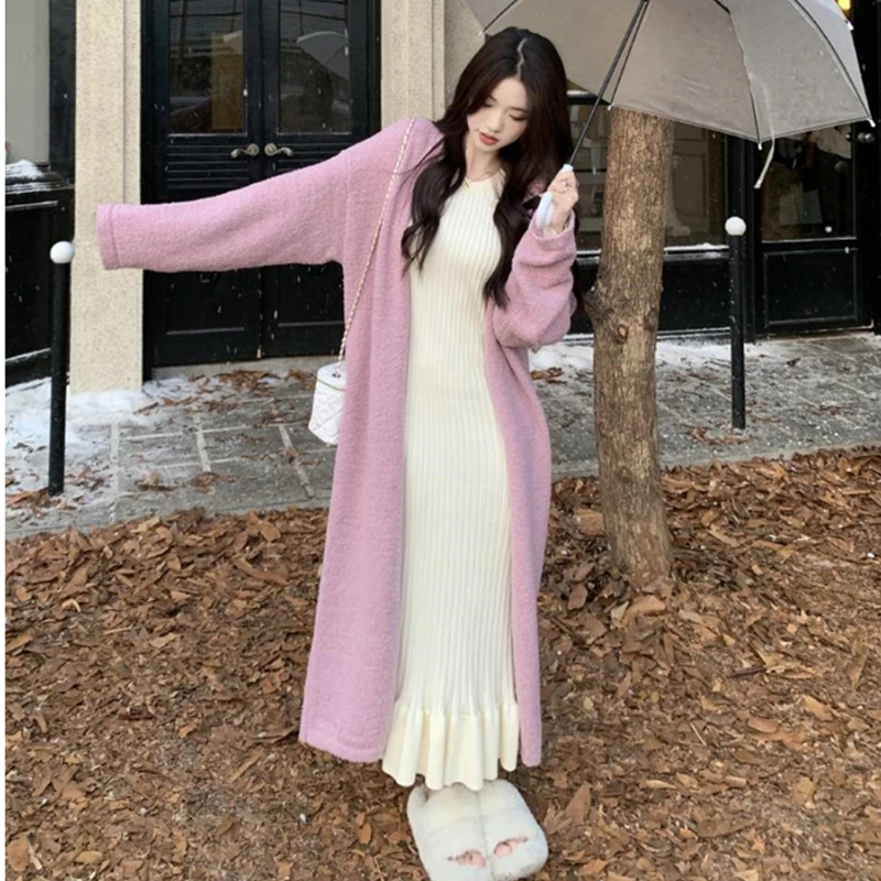 

2023 New Women's Graceful Long Cardigan Coat Knitted Dress Suit Korean Lady Elegant Purple Outerwear Sweater Dresses Outfits