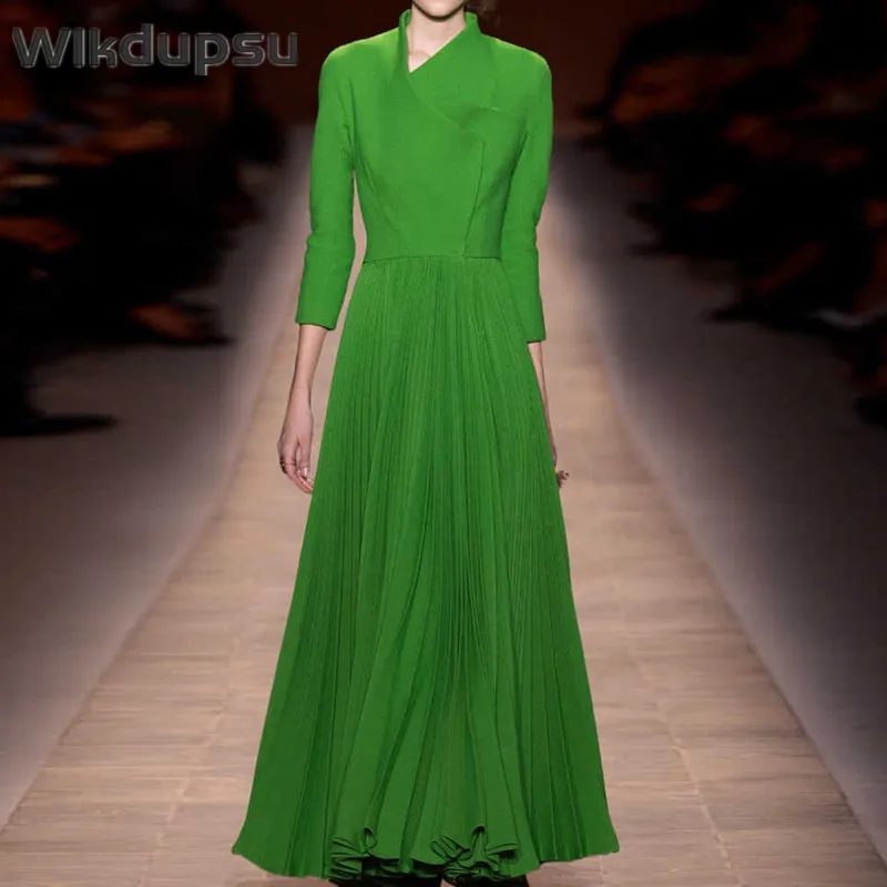 

Vintage Long Dress Women Evening Retro Green Pleated Dresses Female Elegant Luxury Dubai Arabic Dress Wedding Party Night Gowns