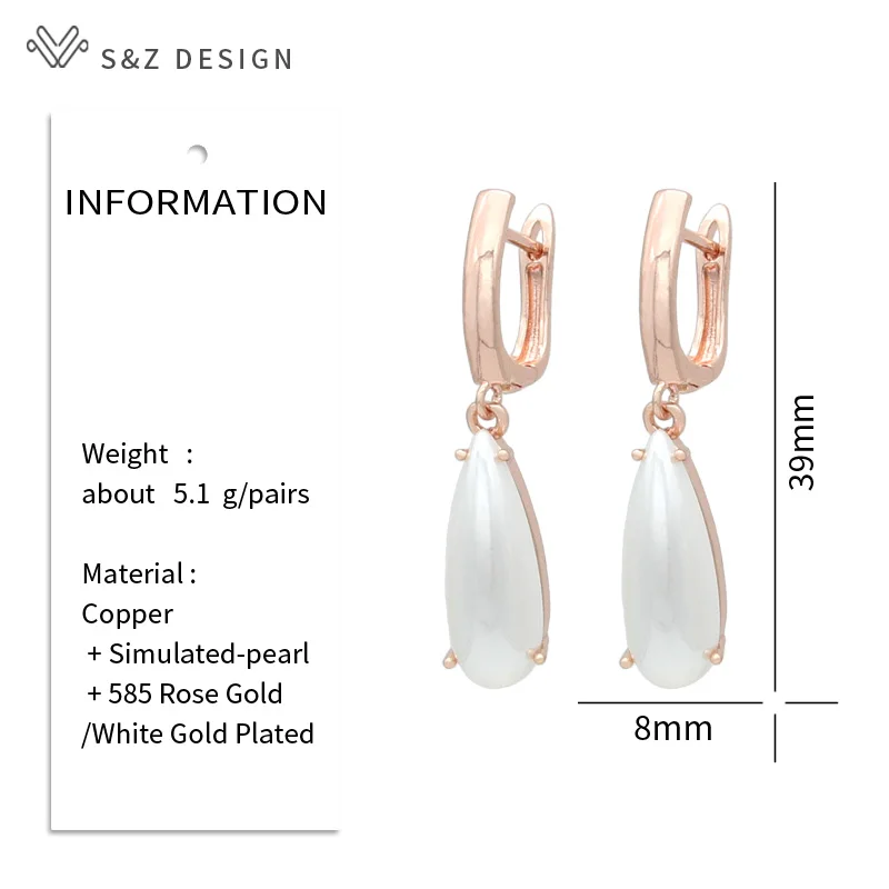 S&Z DESIGN New Fashion Elegant 585 Rose Gold Color Water Drop Simulated-pearl Dangle Earrings For Women Wedding Jewelry