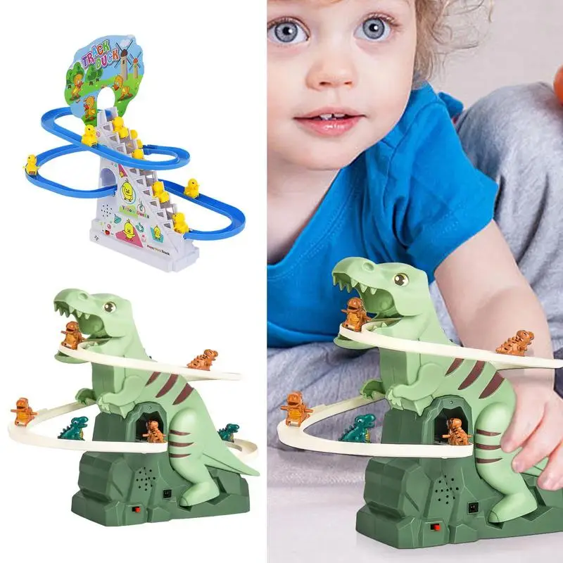 DIY Rail Racing Track Electric Little Yellow Duck Climbing Stairs Toy Pig Action Figures Music Roller Coaster Toy For Kids Gifts 6