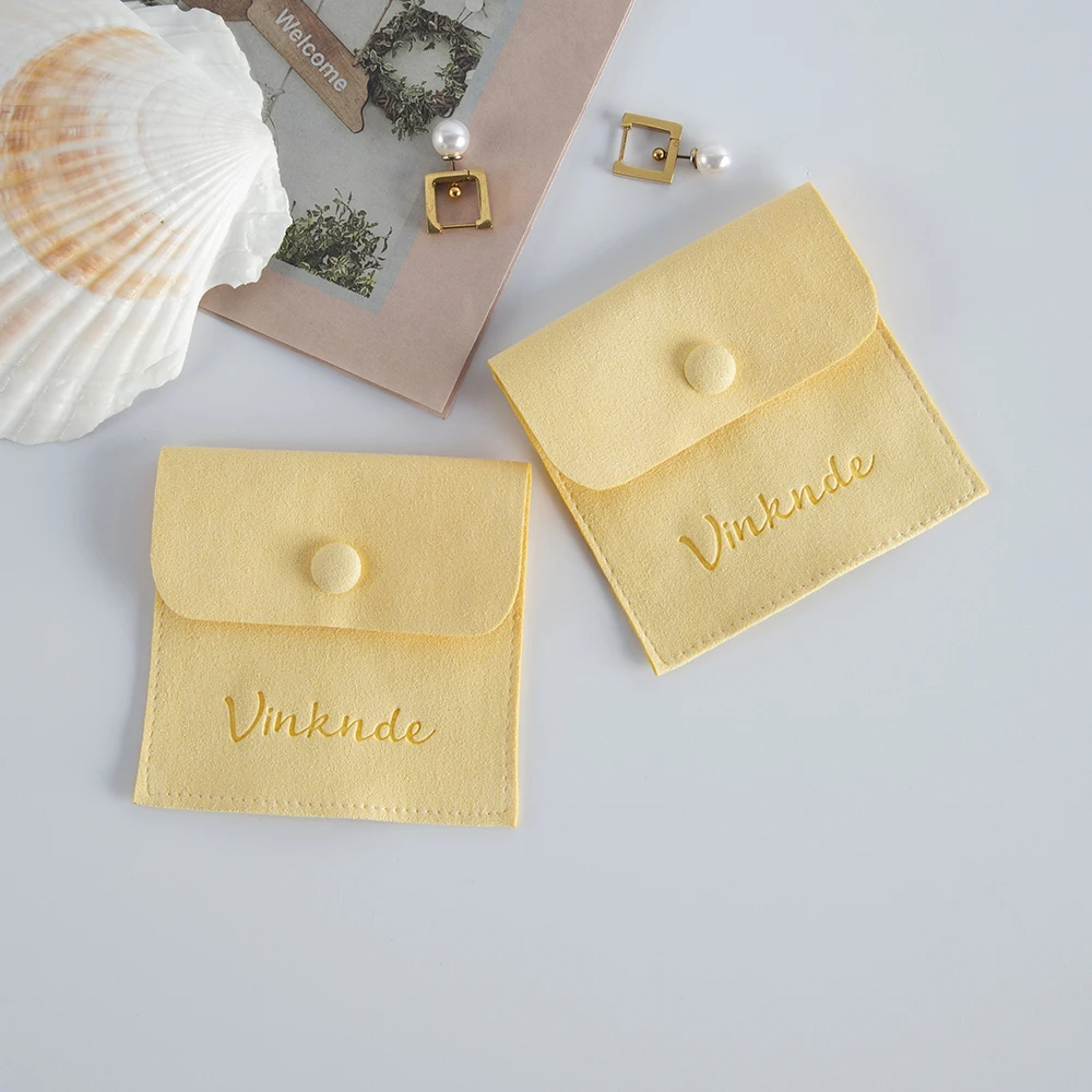 100 Custom Logo Faux Suede Jewellery Pouch Swede Jewelry Rings Earrings Packaging Bags Microfiber Leather Gift Bag With a Snap