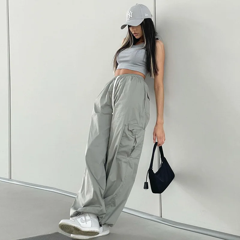 

HOUZHOU Cargo Pants for Women Parachute Streetwear Joggers High Waist Loose Casual Trousers Khaki Clothing Female Pocket