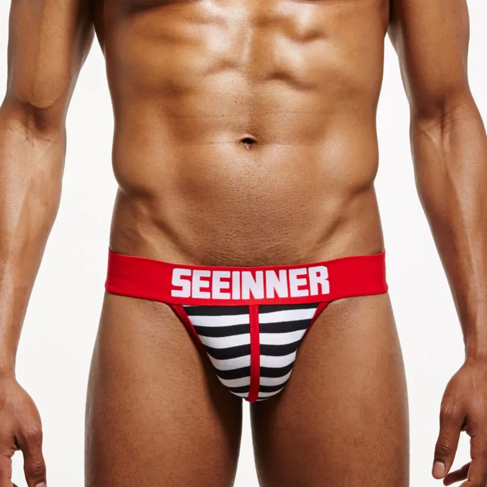 

Men Sexy Briefs Pure Cotton Striped High Fork Triangular Underwear Fashionable Breathable Hip Lifting Men'S Fun Triangle Jockstr
