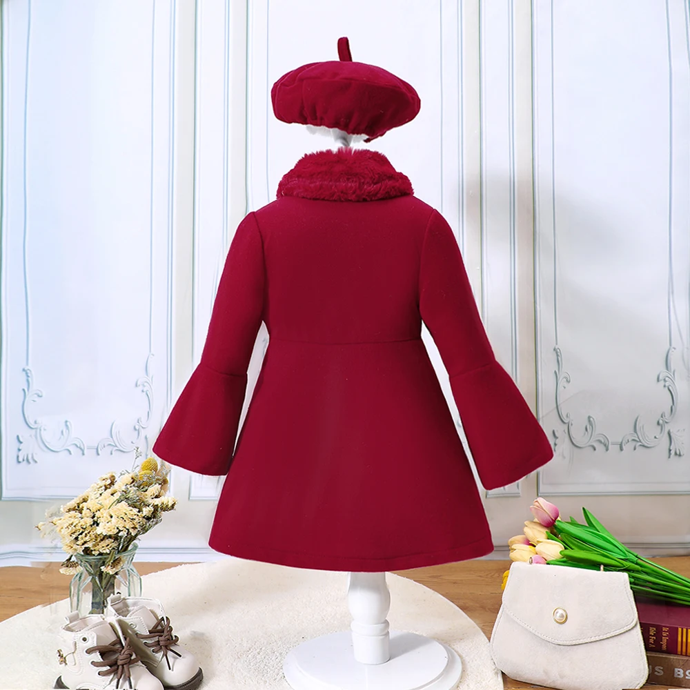 Girls' Autumn And Winter Patchwork Fur Collar Solid Color Fur Coat + Beret