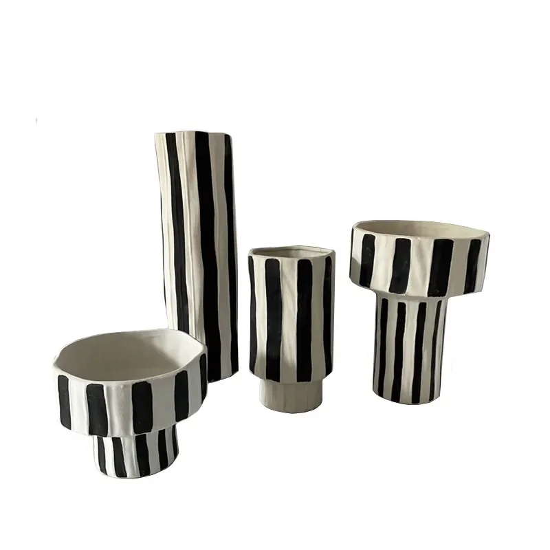 Black and White Striped Ceramic Vase Wide Mouth Flowerpot Geometric Pattern Flower Arrangement Porcelain Handicraft Ornaments 6