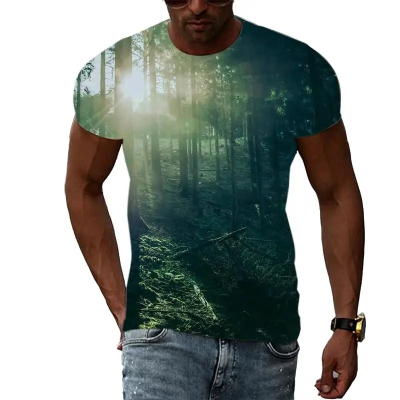 

New Tide Summer Fashion Landscape Picture T-shirts Casual Print Tees Hip Hop Personality Round Neck Short Sleeve Tops