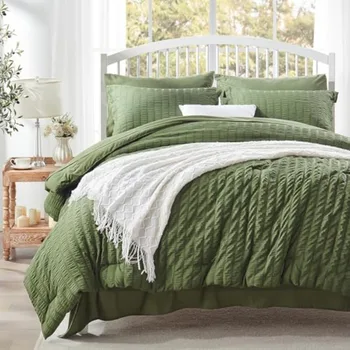 7-Piece Queen Comforter Set – Olive Green Seersucker 1