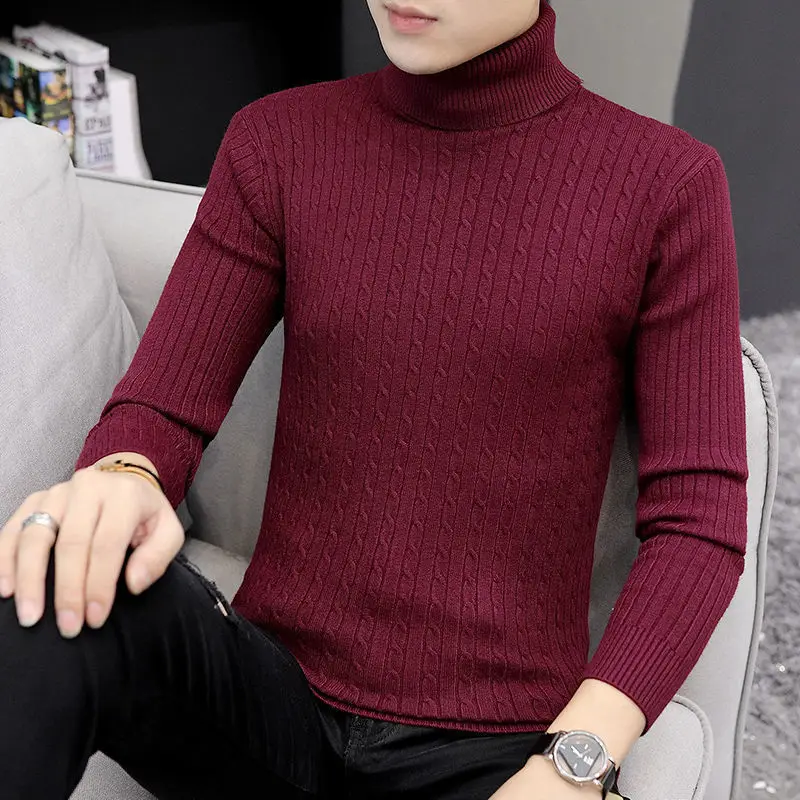 Various Colors Thick Casual Versatile Turtleneck Male Pullovers Fried Dough Twist Stripe Knitting Sweaters High Elasticity Slim