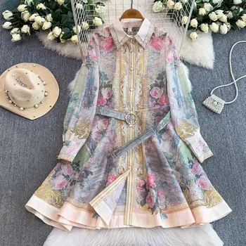 Elegante Abito Mini in Lino con Stampa Floreale e Maniche Lunghe a Lanterna, Colletto a Risvolto e Chiusura Monopetto per Feste di Compleanno e Serate in Discoteca