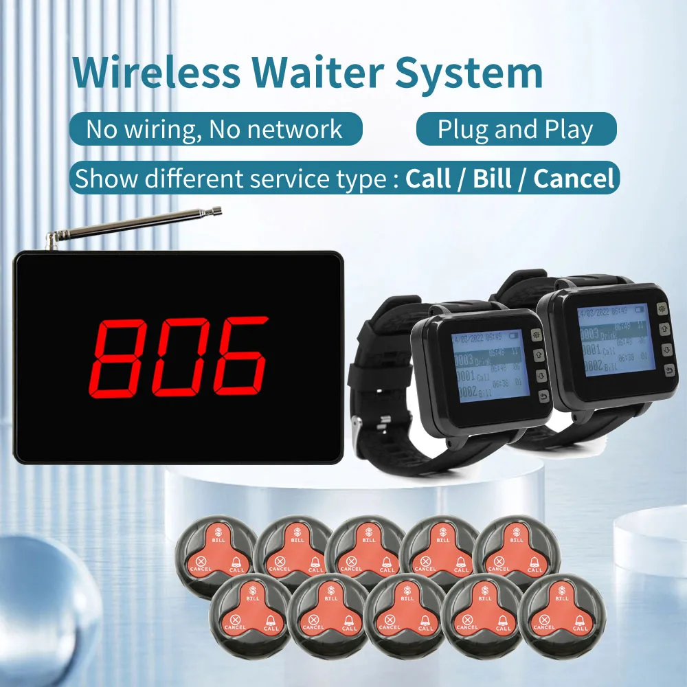 

Wireless Pager Waiter Call System 10 Restaurant Push Call Button 2 Wrist Watch Pager and Display for Customer Service