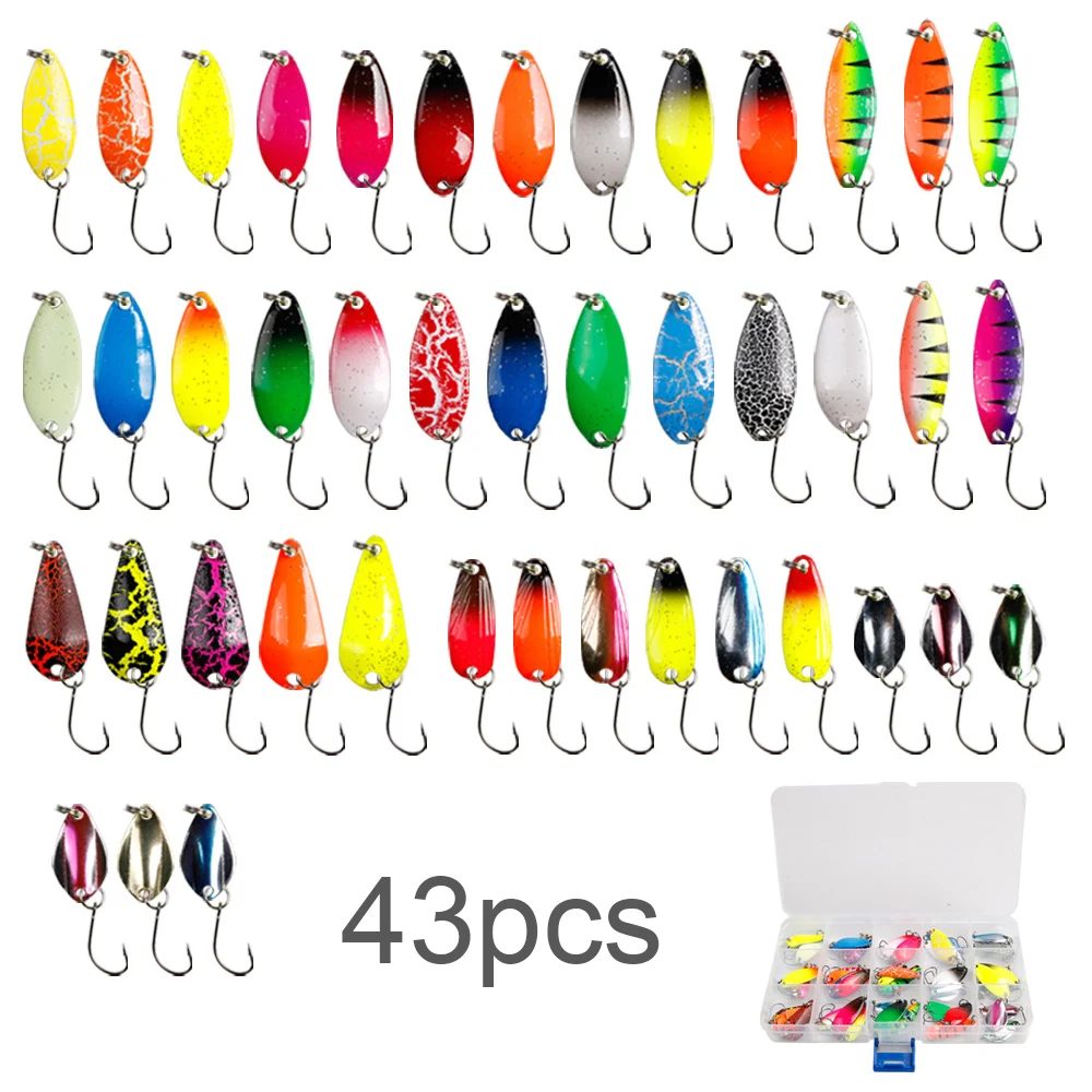 

43pcs Fishing Metal Spinner Set 2.3g-3.5g Spoon Hard Bait Lure Sequins for Trout Bass Casting Storage in Box