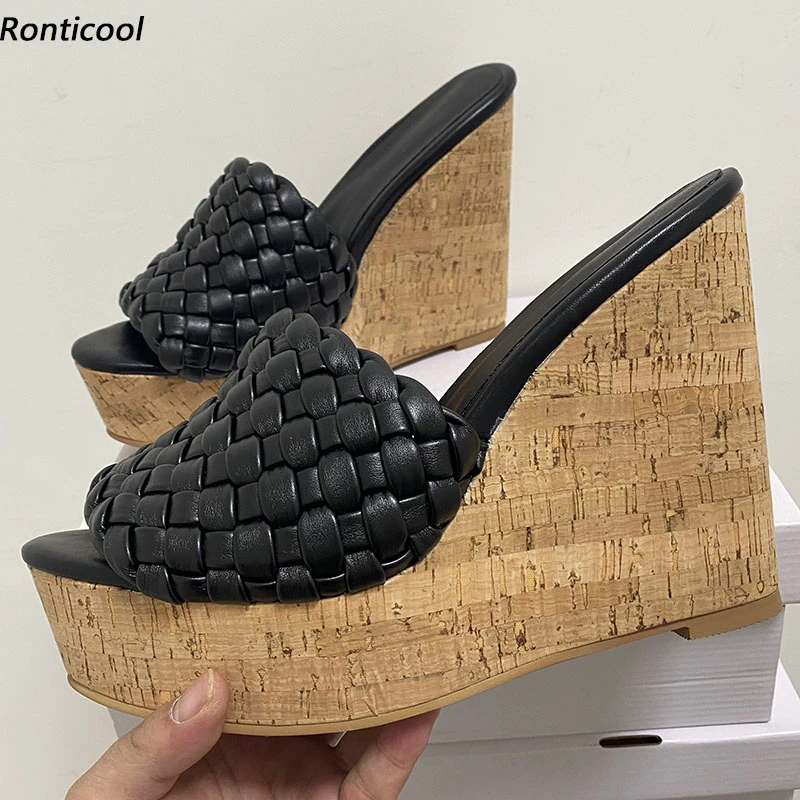 Ronticool Nieuwe Mode Vrouwen Muilezels Sandalen Weave Stijl Kurk Hakken Open Teen Classics Zwart Partij Schoenen Amerikaanse Maat 5 | - AliExpress