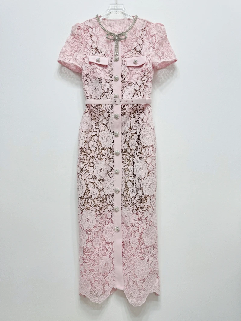 2024 Autumn New Arrive Pink Floral Hollow Out Women Lace Midi