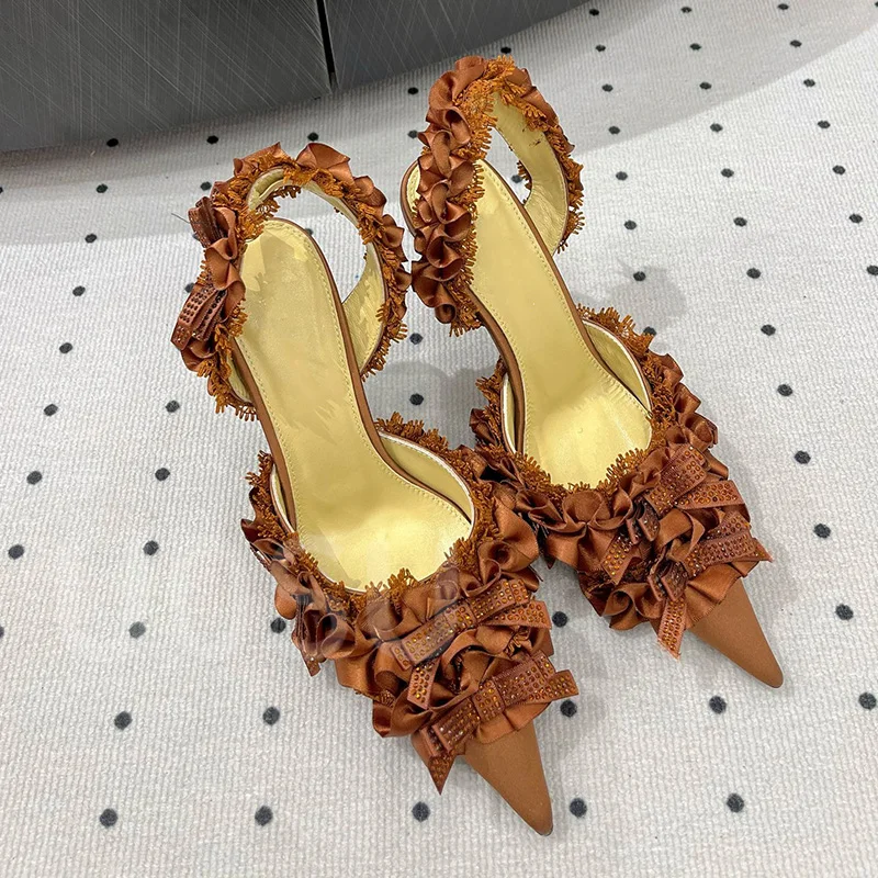 New Designer Women High Heels 9.5cm Fine Heel Luxury Lace Petal Strap Crystal Pointed Toe Ladies Shoes Ankle Strap Dress Shoes