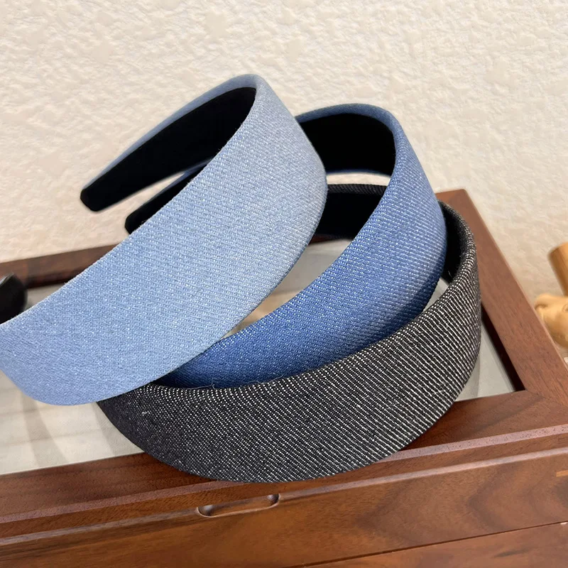 

Women Vintage Denim Headbands Solid Color Wide Plain Hairbands Fashion Non-slip Washing Hair Hoops Blue Bezels Retro Hair Holder