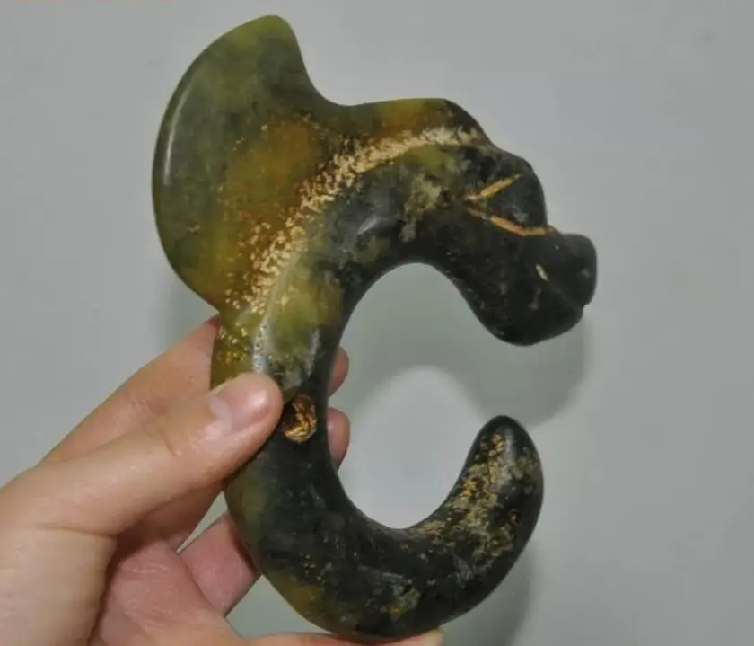 5"China Hongshan Culture old Jade carve sacrifice Feng Shui dragon hook statue 2