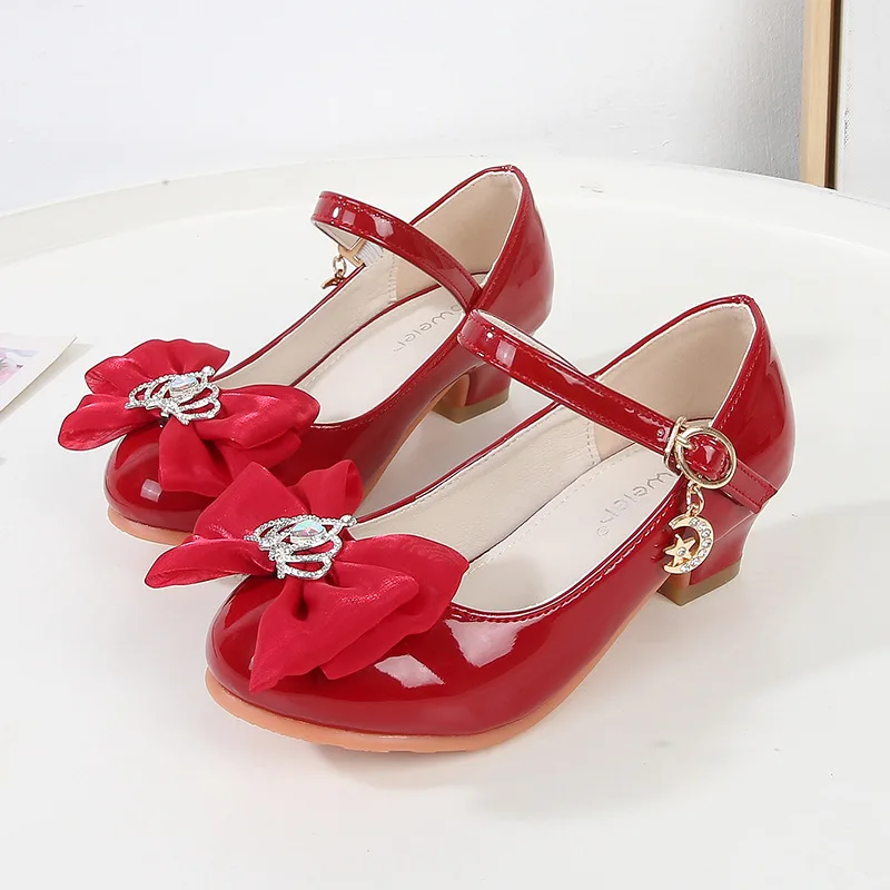 Children Girl Dance Dress Shoes Fashion Crown Bowknot Kids Leather Shoe Spring Wedding Princess High-heels Single Shoes