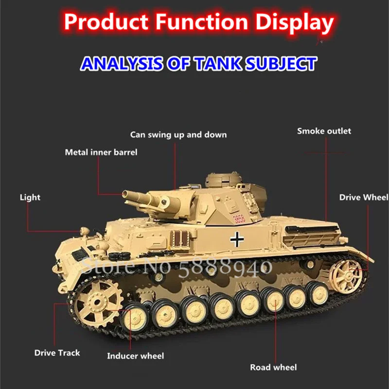 1:16 Metal Launch Bullet Battle Wireless Control Tank 320° Rotate Turret Sound Effect Lighting Barrel Up&Down Simulation RC Tank 3