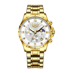 Luxury Brown Leather Men's Quartz Sports Watch - Waterproof Casual Timepiece by LIGE (Gold white)