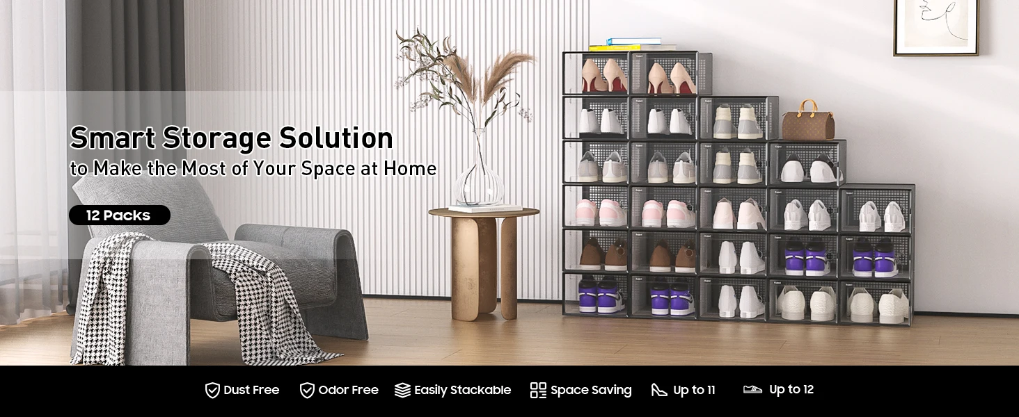 Description Picture 2 of itemNew Shoe Storage Boxes Organizers Clear Plastic Stackable 12 Pack, Shoe Rack & Holder Substitute, Sneaker Containers Black