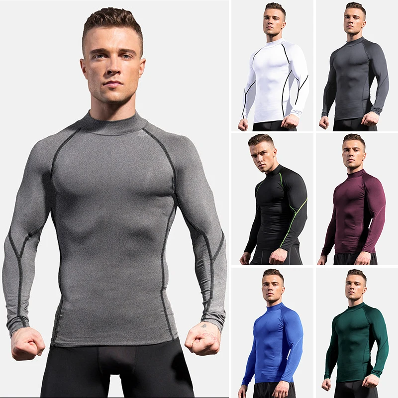 

Turtleneck Compression Shirt Men Long Sleeve Gym Clothing Autumn Tight Fitness T Shirt Quick Dry Bodybuilding T-Shirt Muscle Tee