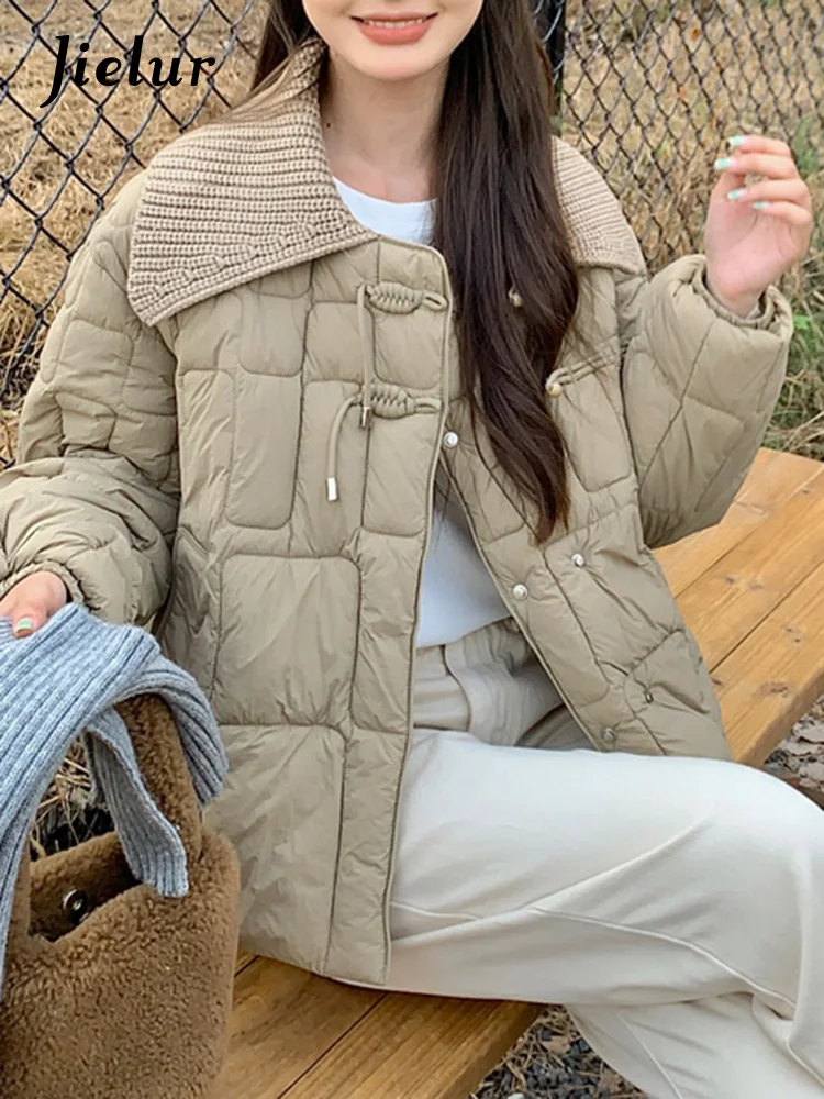 

Jielur New Korean Casual Parka Woman Winter Color Contrast Color Fashion Knit Outerwear Women's Coat White Black Khaki Parkas