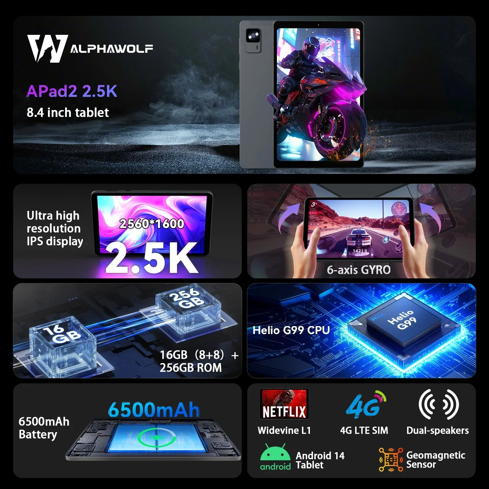 Alphawolf APad2 Tablet 8 inch 16+256GB 2560*1600 2.5K FHD