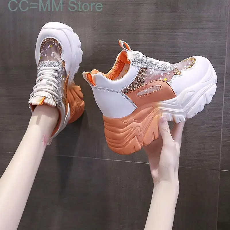 

New Spring Women Chunky Sneakers Breathable Mesh Casual Shoes 9cm Wedge Heels Platform Shoes Femme Sports Dad Shoes