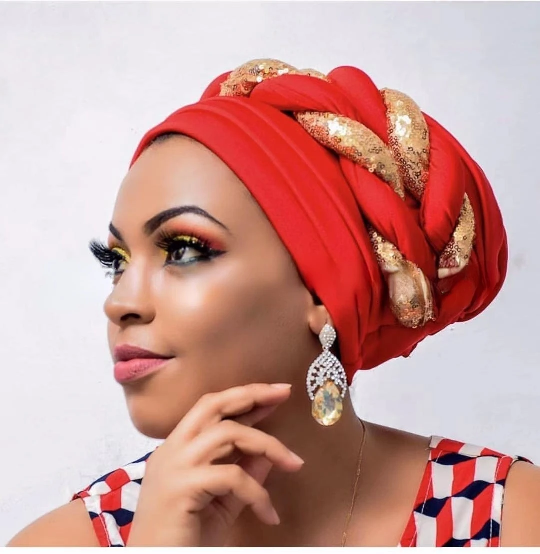 African Headtie Bonnet Hat Twisted Turban Women Muslim Sequin Braid Head Wrap Scarf Shimmer Pleated Hijab Cap Aso Oke Auto Gele