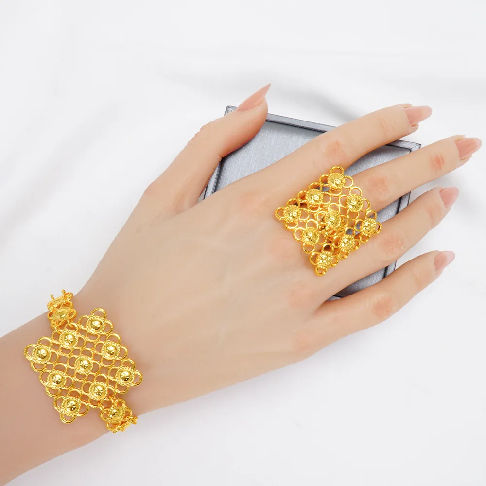 S1c88460e64d04d54819c56a681ed058di Women's 24K Gold Geometric Square Hollow Jewelry Set (4pcs), Distressed metallic texture rustic elegance for everyday edge Mallzona