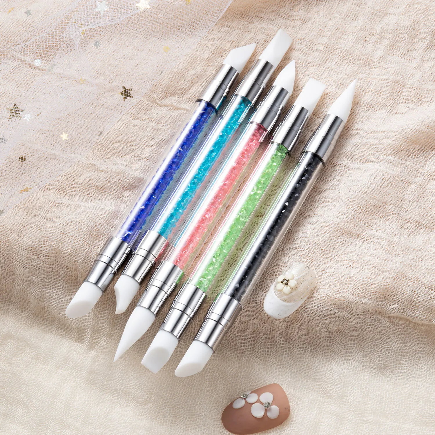 Nail Art Pen 5PCS Double Head Silicone Nail Art Embossing Pens 3D Flower Sculpting Tools with Adjustable Tips for Chrome Powder Application
