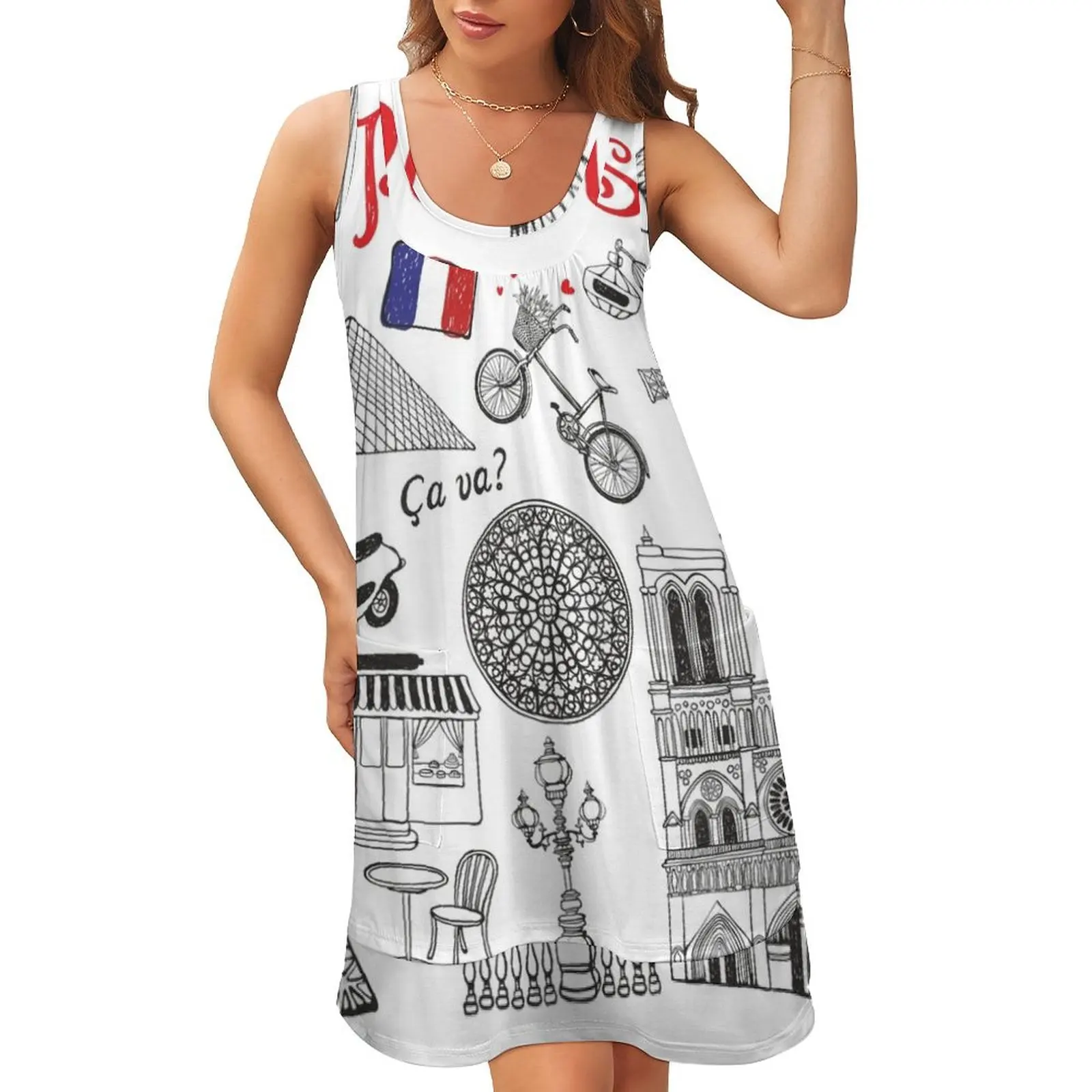 

Paris France Travel Theme Design Sleeveless U-Neck Fake Two Piece Dress luxury dress evening dresses women