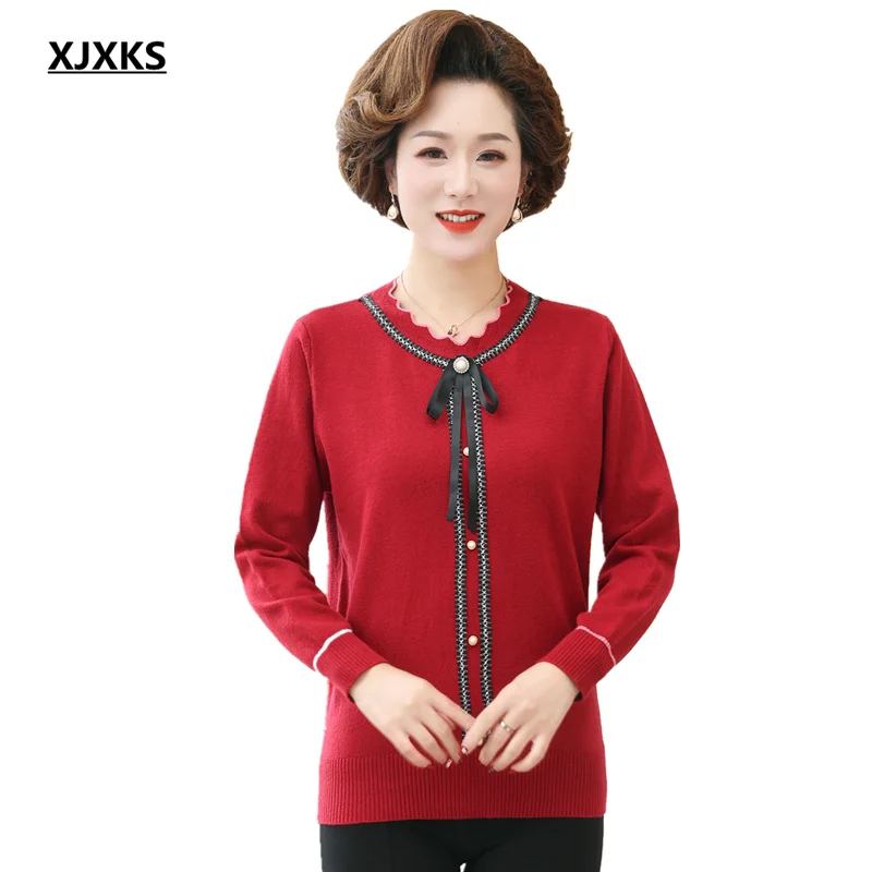 

XJXKS 2022 Autumn New Fashion Bow Loose Oversize Sweater Women Pullover High Quality Wool Knitted Female Top